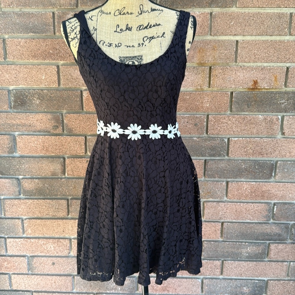 Black Lace Dress with Floral Sunflower Belt Size XS